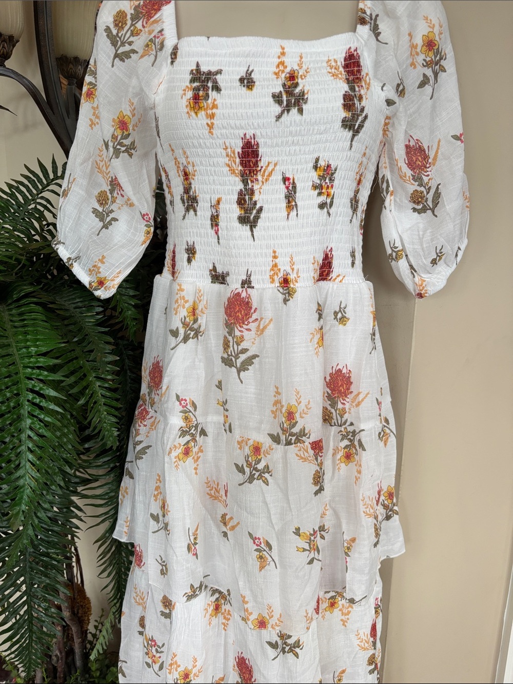 J. Gee White Boho Floral Tiered Maxi Dress Smocked Bodice Ruffle Puff Sleeves - Picture 5 of 15
